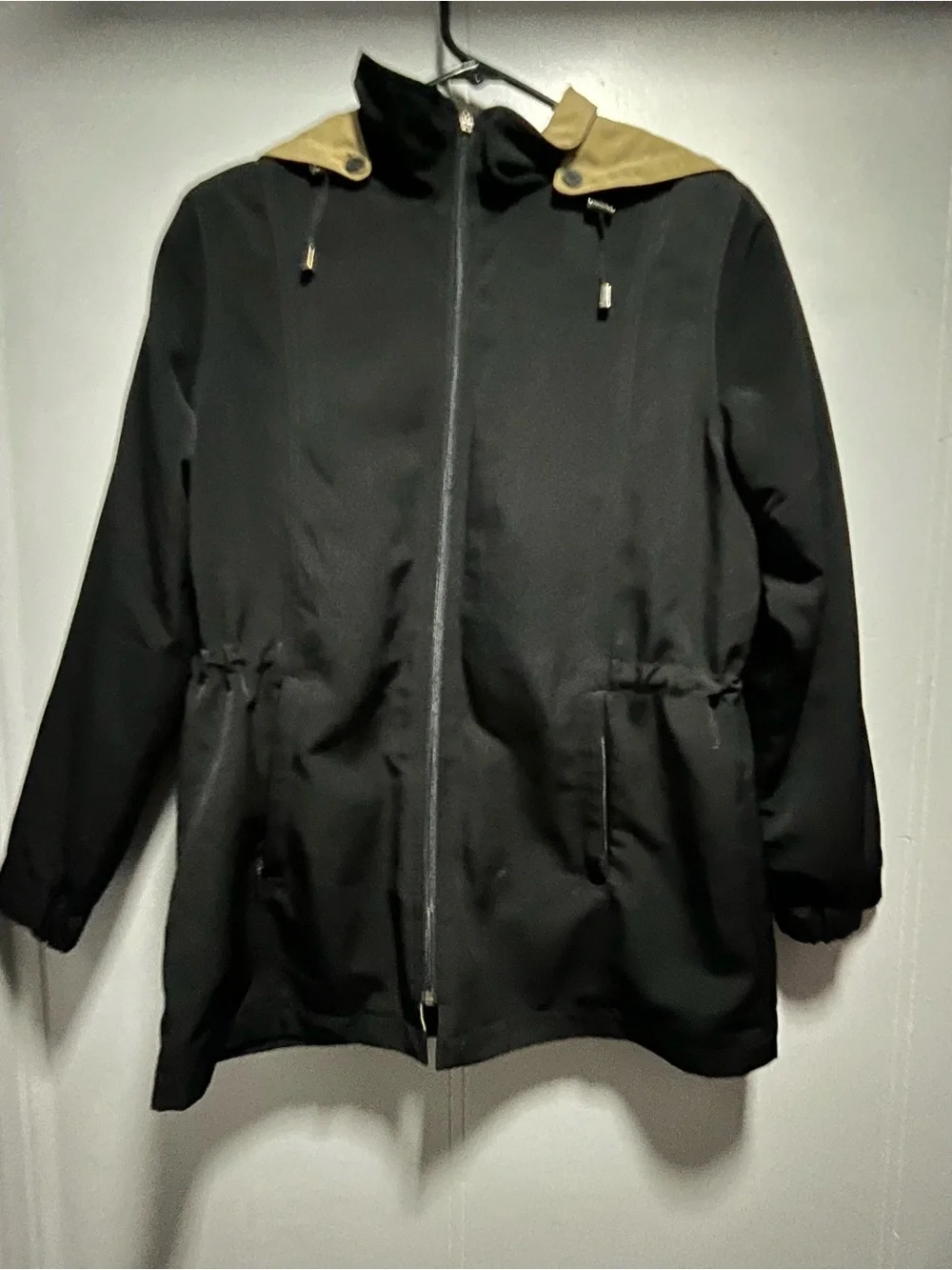 London Fog Black Trench Coat with Tan Hood Lining